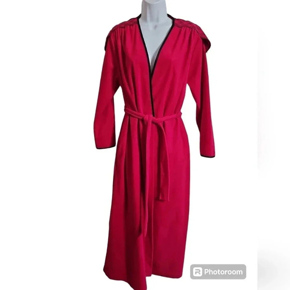 Komar Womens Vintage 1980s Red Long Robe Black Trim Glam Power Lounge Sash Tie - Picture 2 of 8